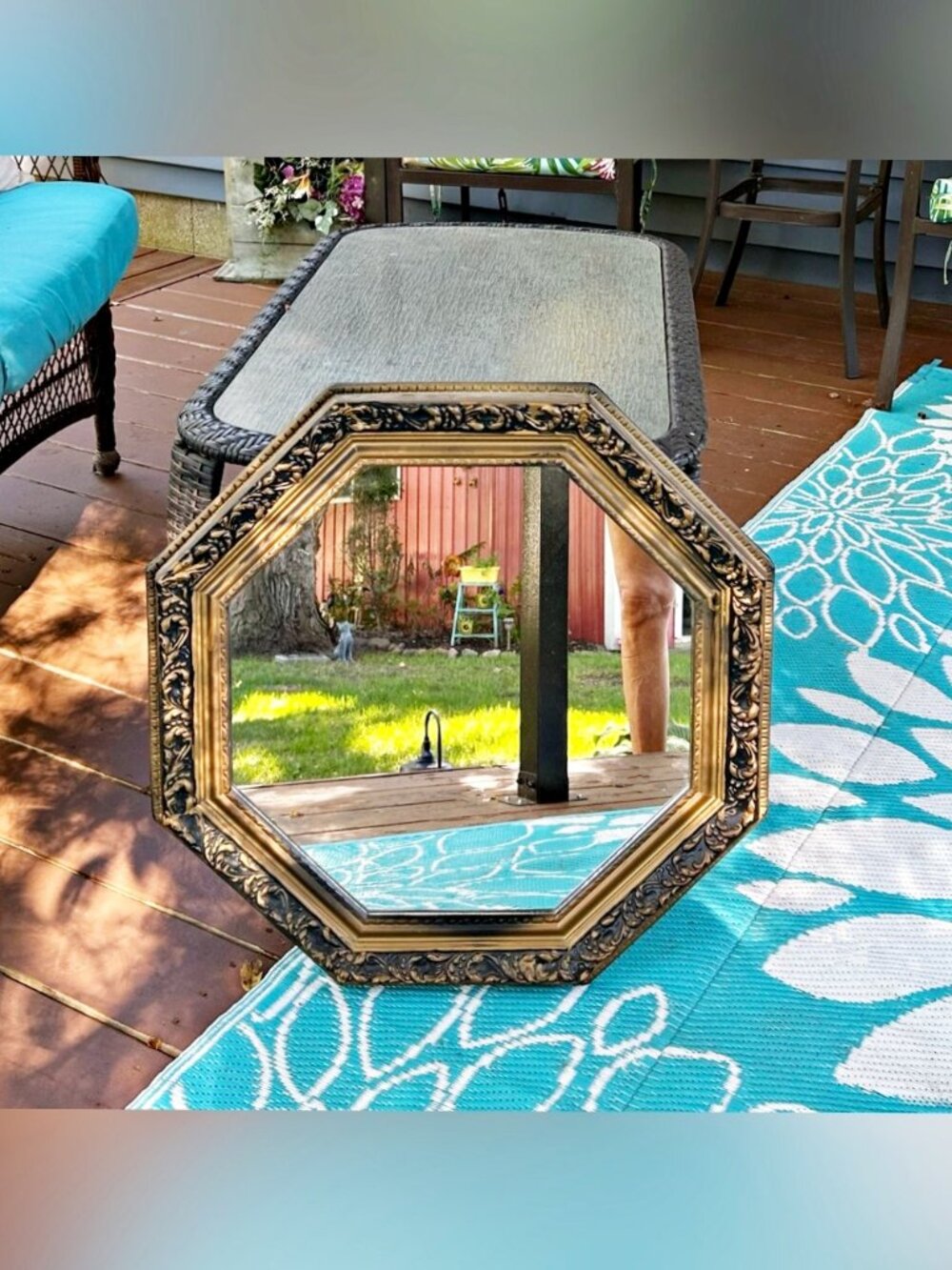 Vintage MCM Antiqued Gold Hollywood Regency 22x22" Ornate Octagon Wall Mirror